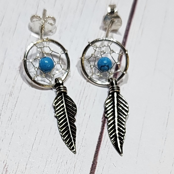 Sterling Silver Dream Catcher Blue Bead Center Dangle Feather Stud Earrings - Picture 2 of 2
